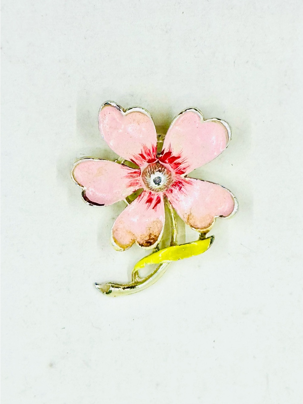 Gerry’s Vintage Silver Tone Pink Enamel Flower Brooch with Yellow Stem
